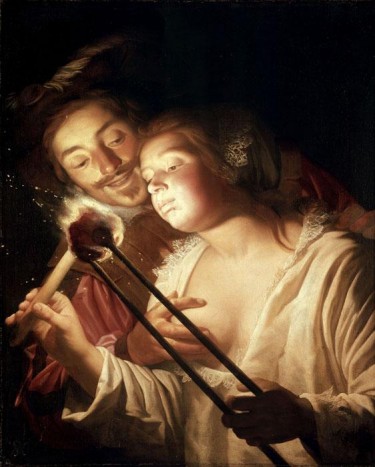 Girl Blowing Coal by van Honthorst