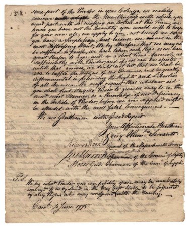 Joseph Warren, Artemus Ward, and Moses Gill appeal for gunpowder